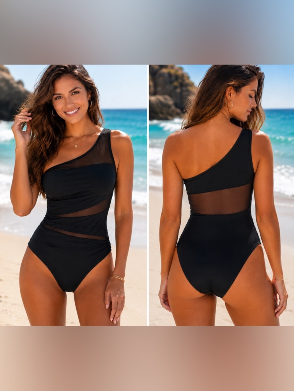 NWT Shade & Shore Black One Shoulder Mesh One Piece Swimsuit M